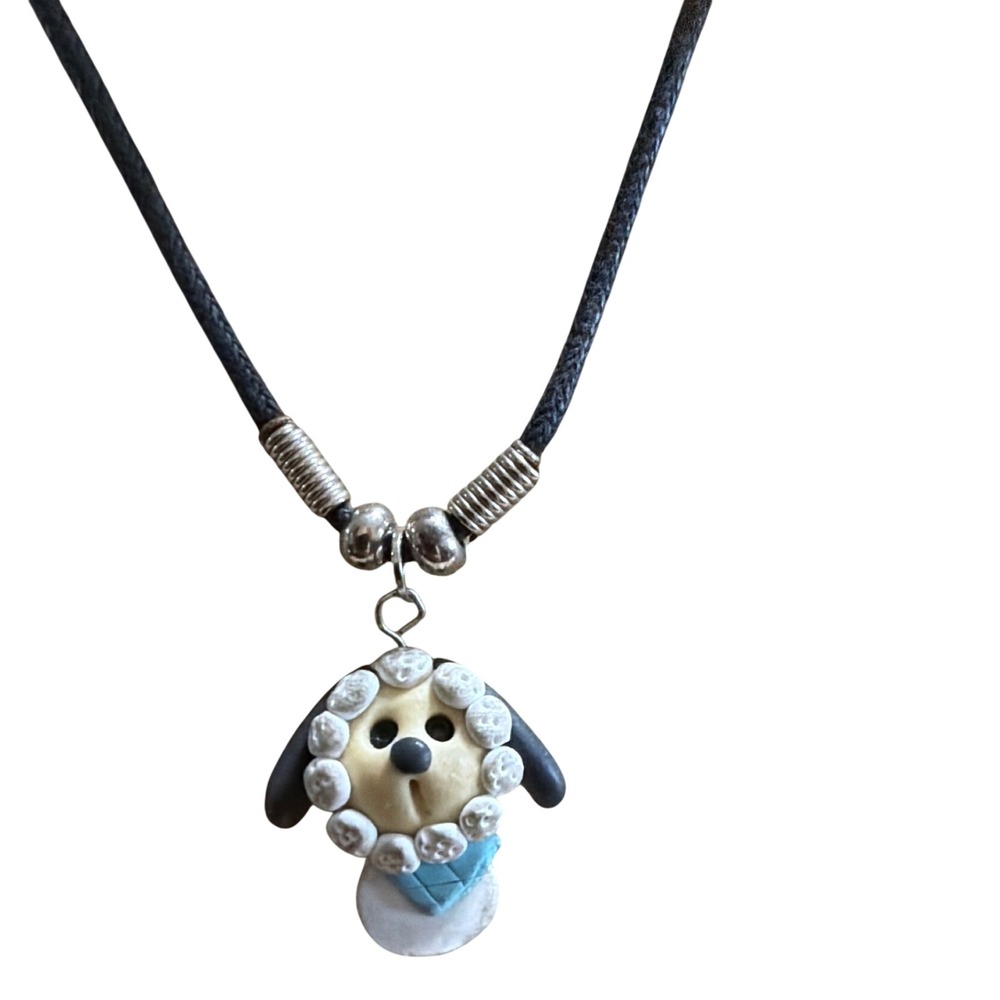 Handmade Polymer Clay Dog Pendant Necklace Black Cord Blue Bandana Puppy 1826